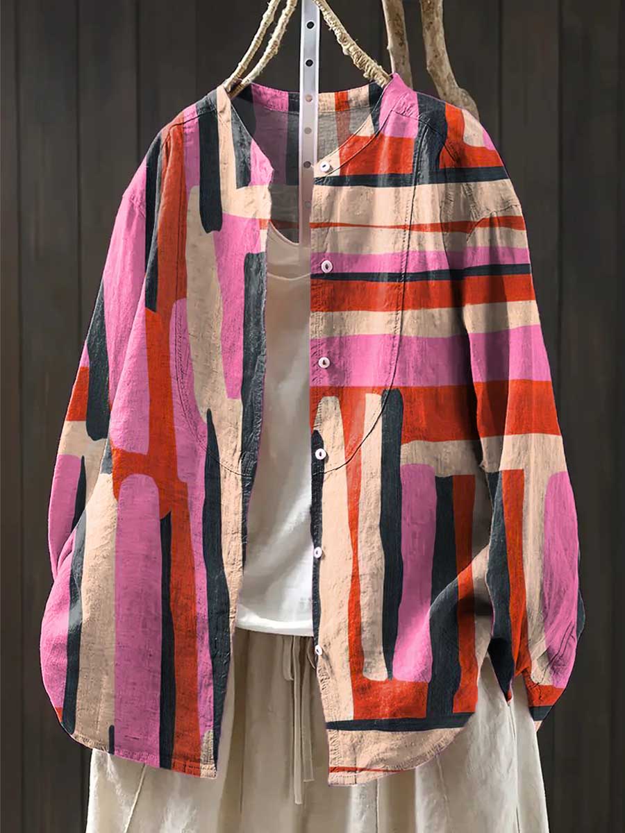Women's Geometric Pattern Art Print Casual Cotton And Linen Shirt