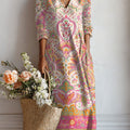 Women's Vintage Flower Art Print Linen Pocket Dress