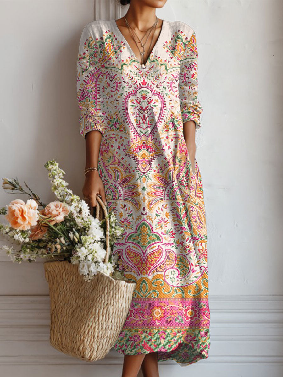 Women's Vintage Flower Art Print Linen Pocket Dress