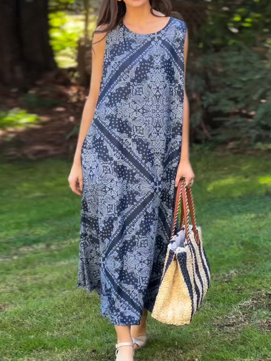 Women's Retro Geometric Print Round Neck Sleeveless Cotton and Linen Dress