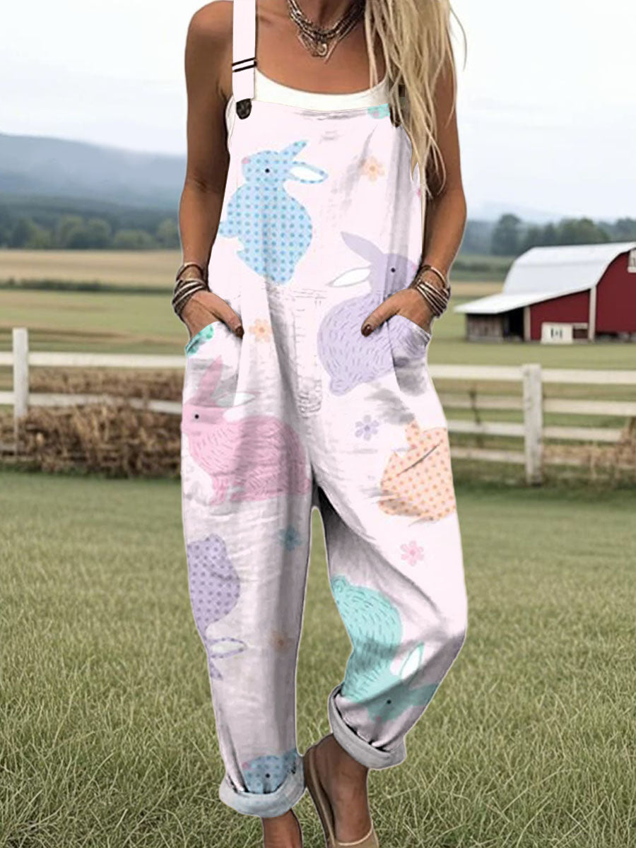 Women's Art Cute Creative Bunny Print Casual 100% Cotton Wide Leg Jumpsuit