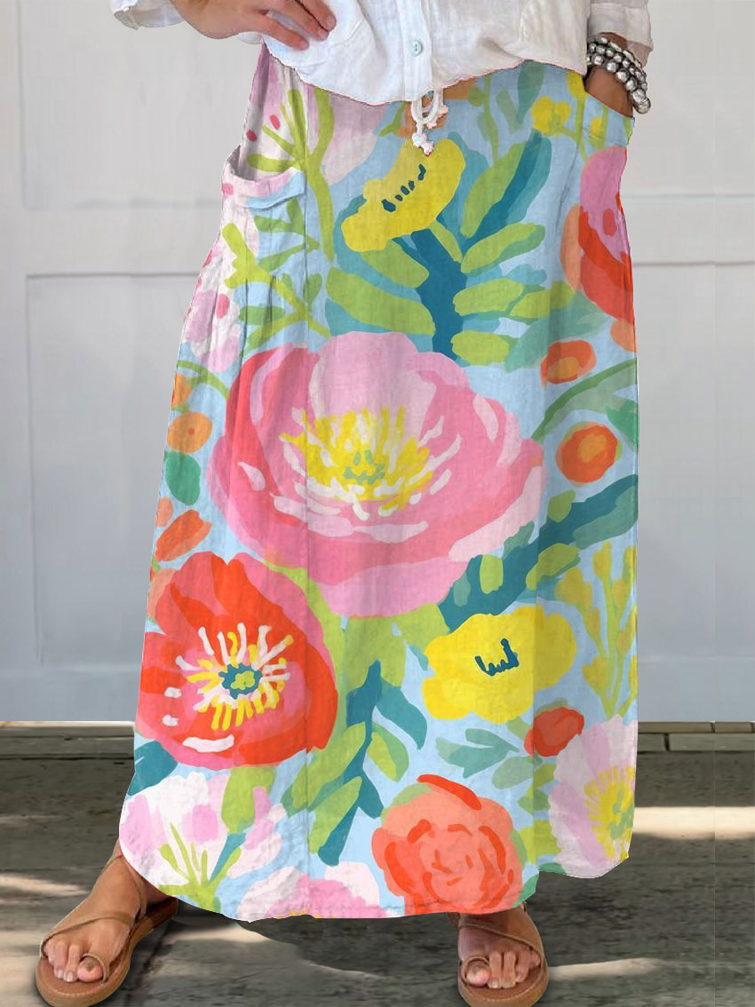 Women's Vintage Floral Art Print   Linen Pocket Skirt