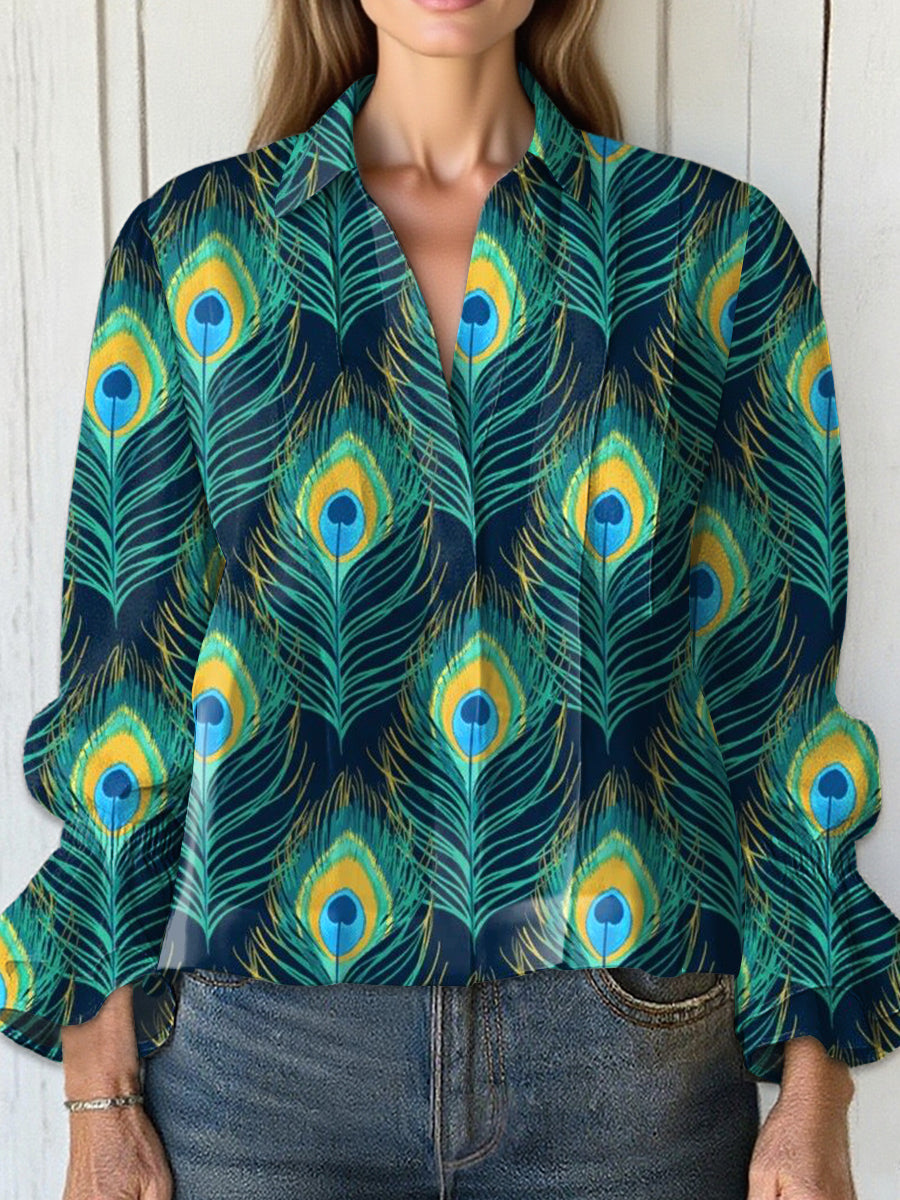 Women's  Vintage Gorgeous Peacock Feathers Art Print Casual  Cotton And Linen Shirt