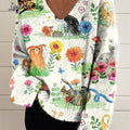 Women's Colorful Creative Funny Cats Print Casual V-neck Pullover Knit