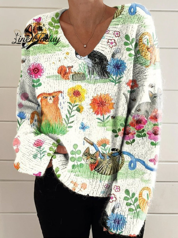 Women's Colorful Creative Funny Cats Print Casual V-neck Pullover Knit