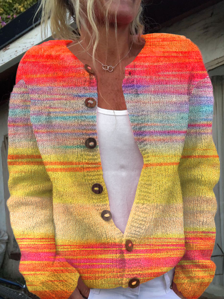 Autumn Gradient Striped Vintage Art Print Buttoned Cardigan Sweater