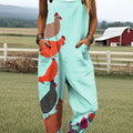 Women's Vintage Rooster Abstract Art Print Casual 100% Cotton Wide Leg Jumpsuit