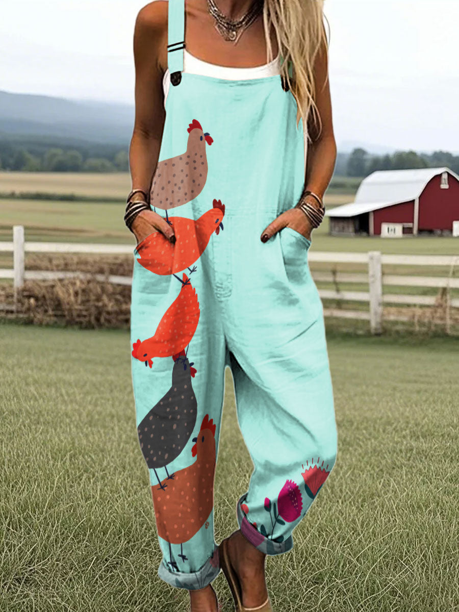 Women's Vintage Rooster Abstract Art Print Casual 100% Cotton Wide Leg Jumpsuit