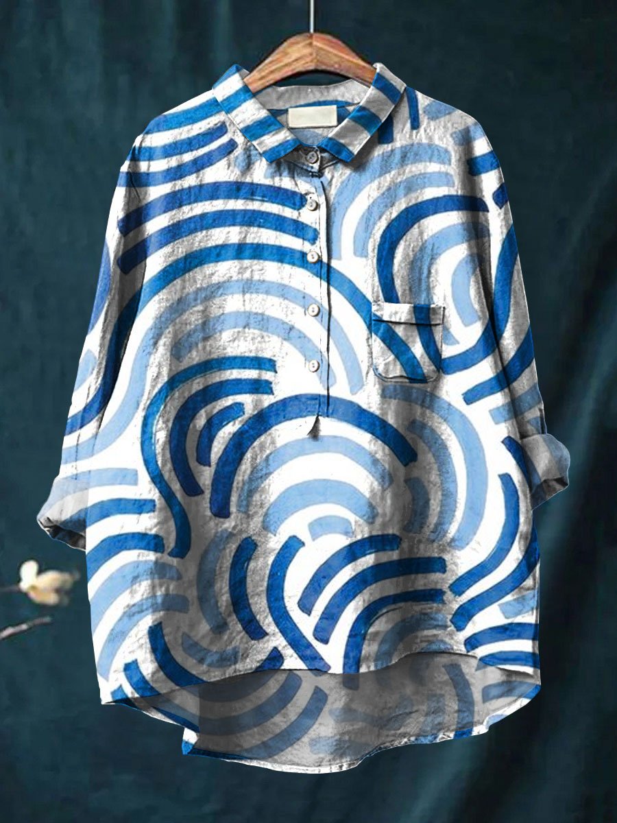 Women's Abstrct Art Print Casual Cotton And Linen Shirt