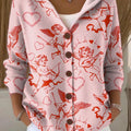Women's Pink Angle Printed Casual Hooded Button Sweater