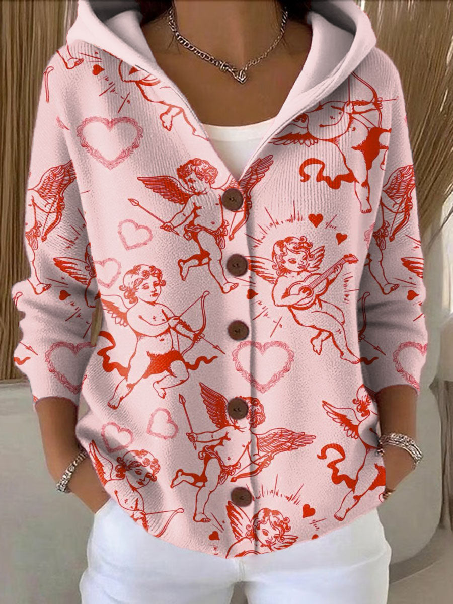 Women's Pink Angle Printed Casual Hooded Button Sweater