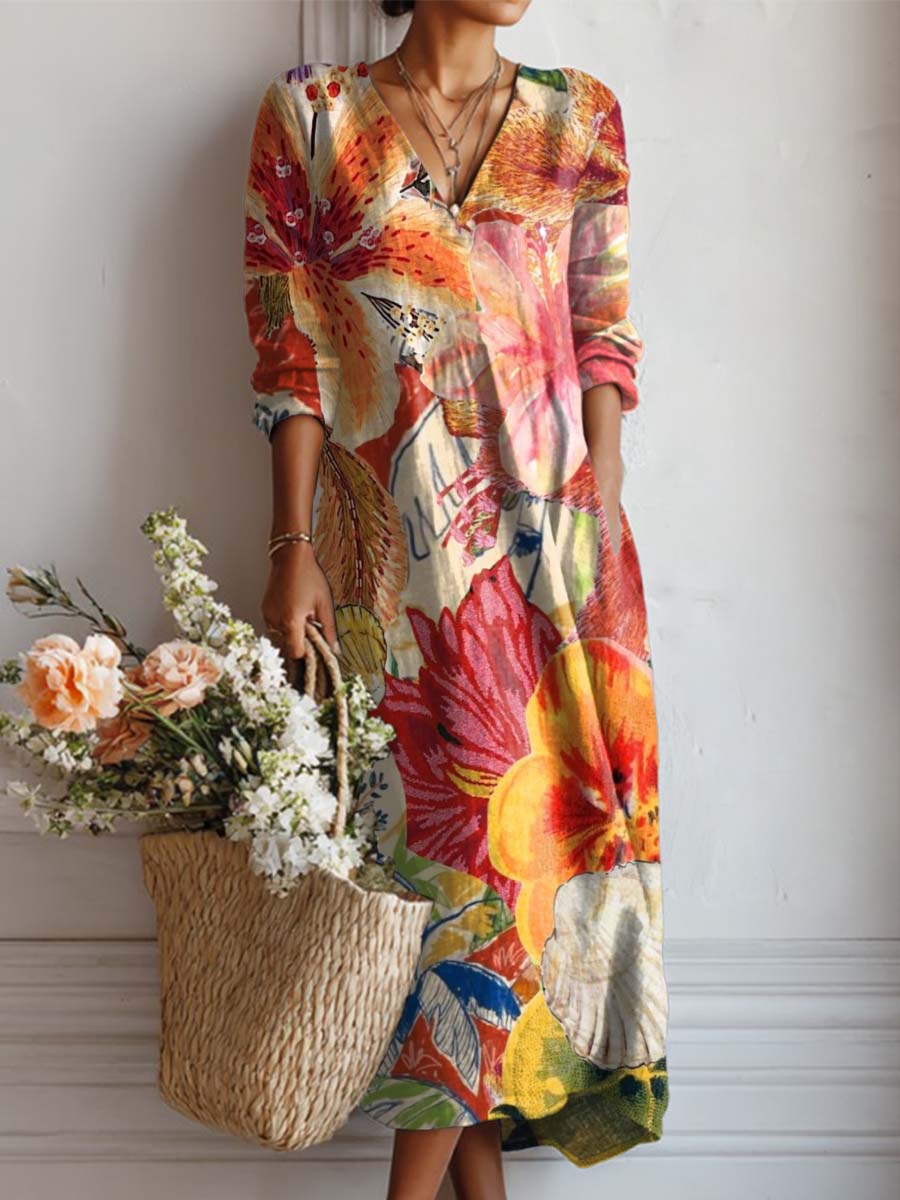 Women's Vintage Floral Art Print Cotton And Linen Pocket Dress