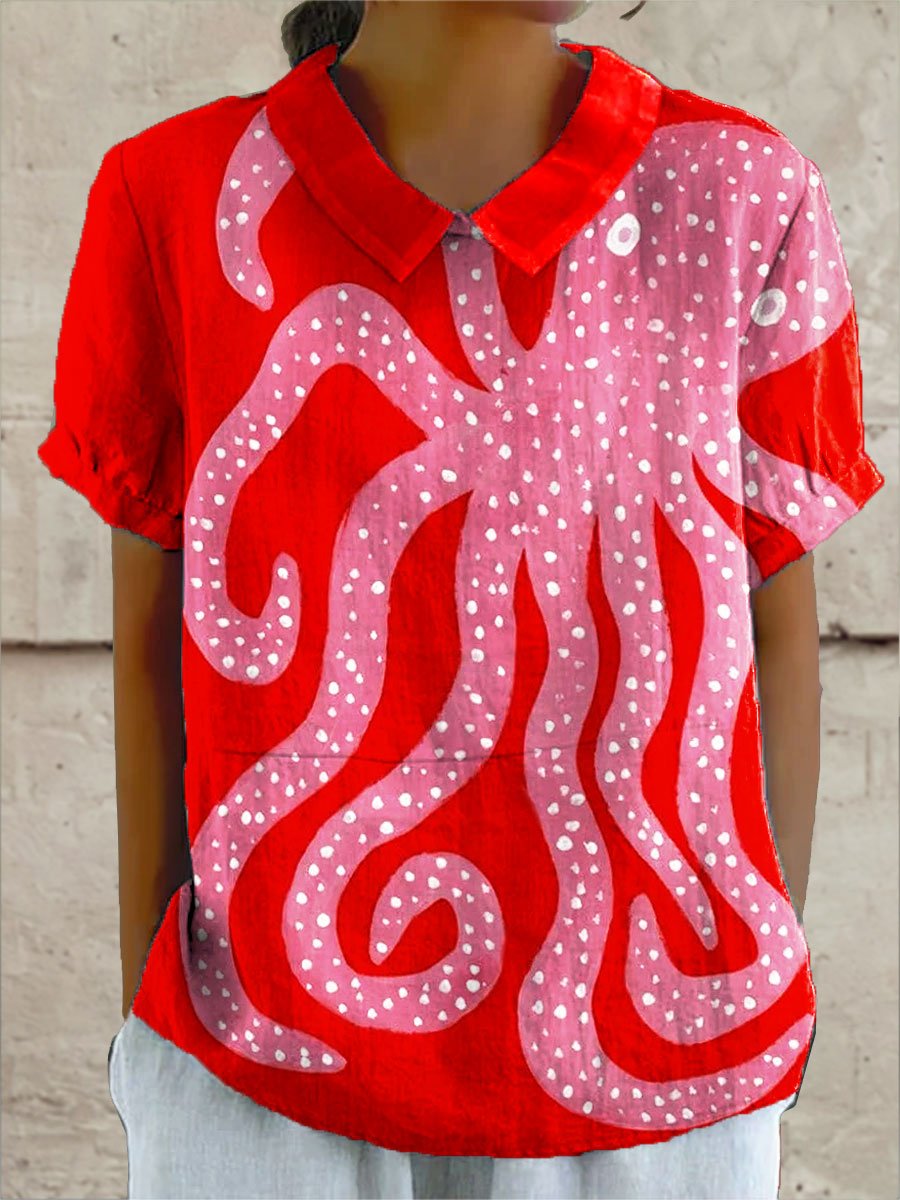 Women's Vintage Octopus Art Print Casual Cotton And Linen Shirt