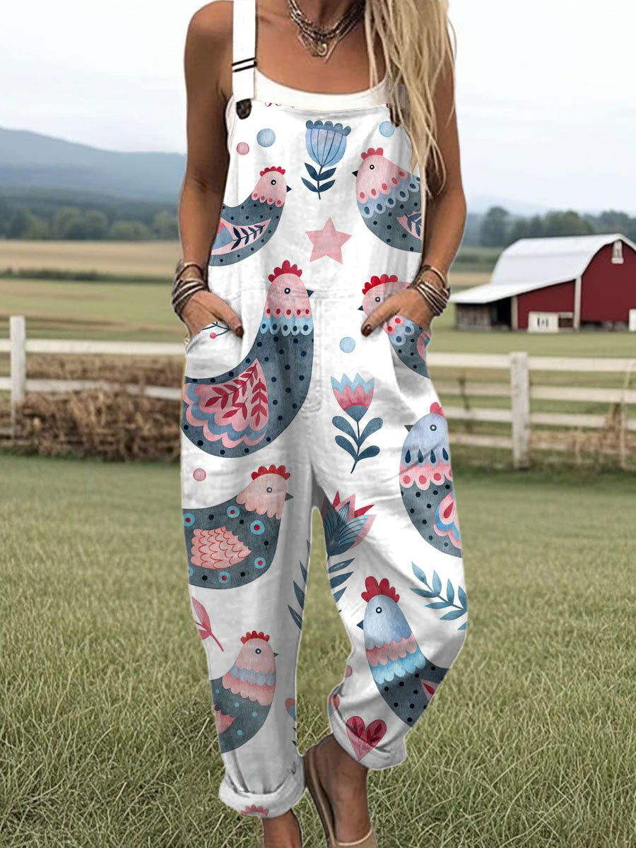 Women's  Funny Chick Art Print Casual 100% Cotton Wide Leg Jumpsuit