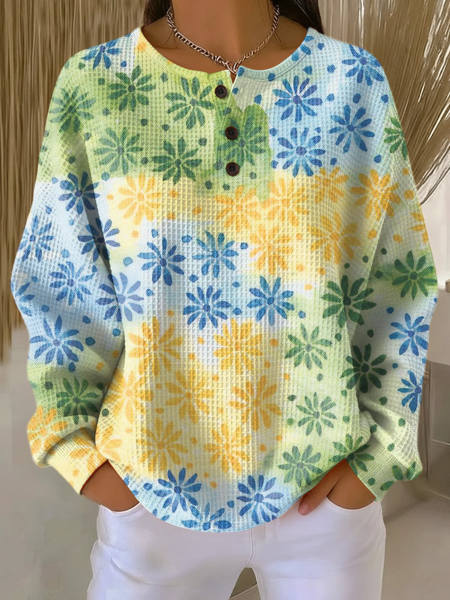 Women's Beautiful Multicolor Floral Painting Art Print Casual Cotton Sweatshirt