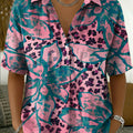 Women's Vintage Leopard Print & Floral Art Print Cotton-linen Short-sleeve Shirt