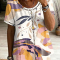 Retro Floral Print & Cutout Webbing Spliced loose-fit Cotton-linen Short-sleeve Shirt