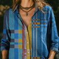 Women's Blue Geometric Color Splicing Print Casual Cotton Shirt