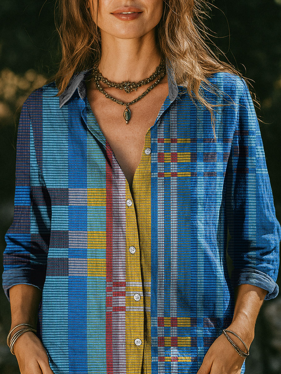 Women's Blue Geometric Color Splicing Print Casual Cotton Shirt