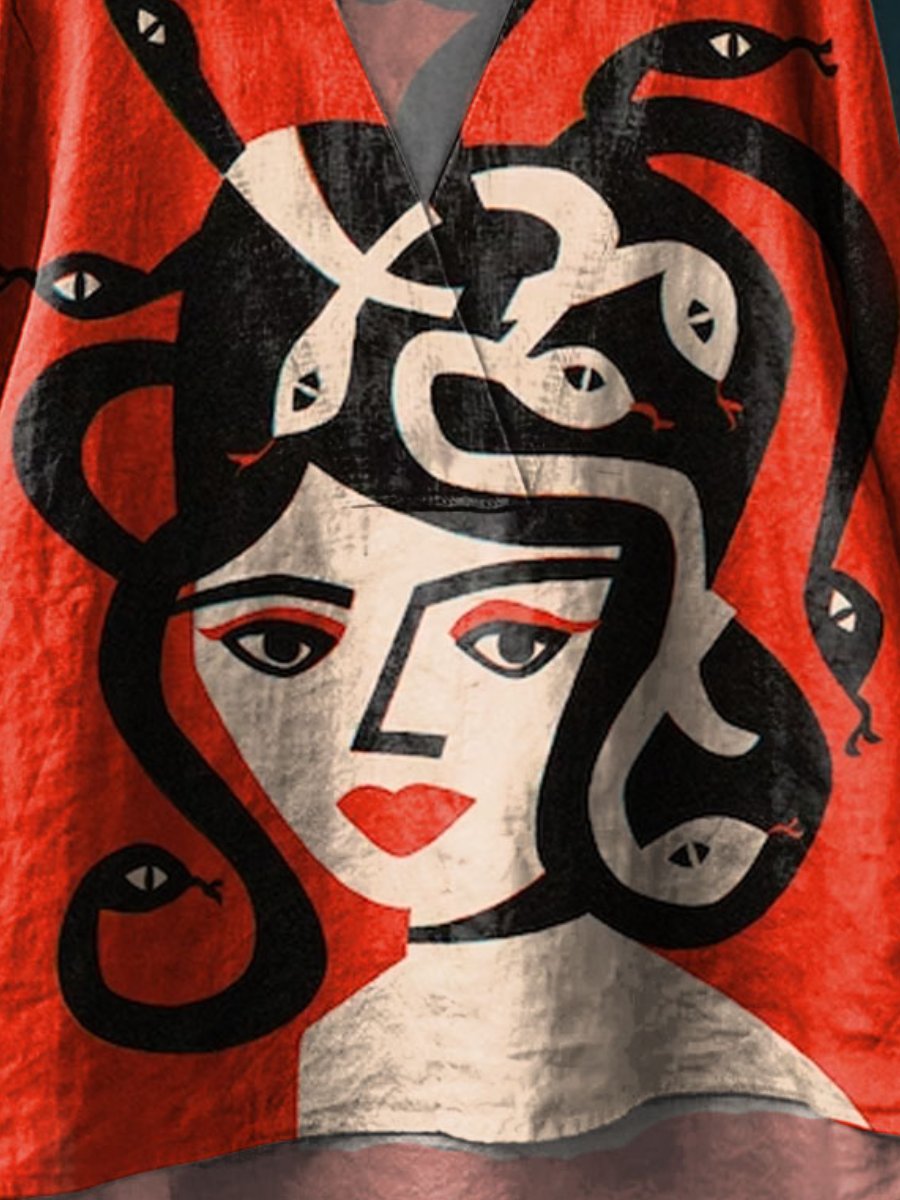 Women's Medusa Art Print Casual Cotton And Linen V-neck Shirt