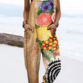Women's Vintage Floral Art Print Casual 100% Cotton Wide Leg Jumpsuit