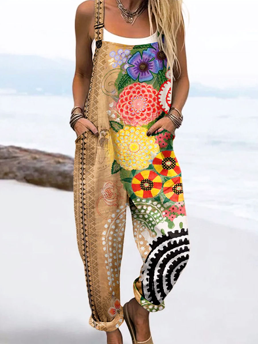 Women's Vintage Floral Art Print Casual 100% Cotton Wide Leg Jumpsuit