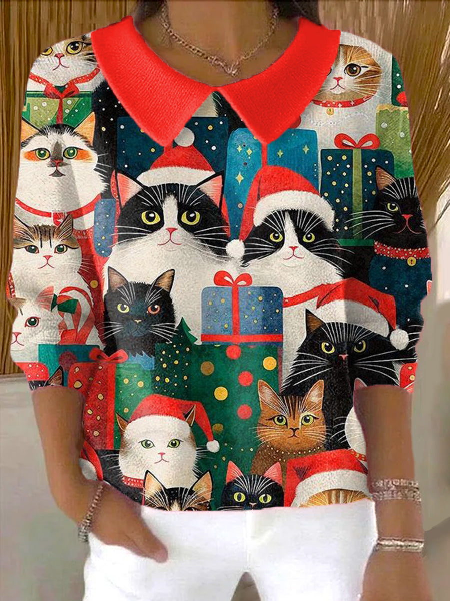 womens-beautiful-christmas-gift-cat-painting-art-print-casual-peter-pan-collar-3-4-sleeve-sweater