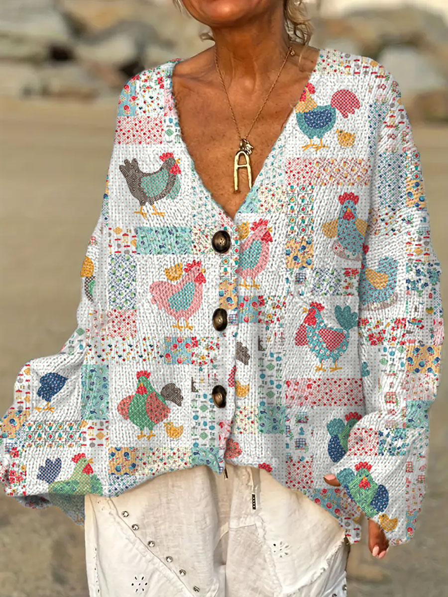 womens-vintage-chicken-flower-art-print-casual-pullover-sweater