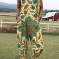Women's  Vintage Flower Art Print Casual 100% Cotton Wide Leg Jumpsuit