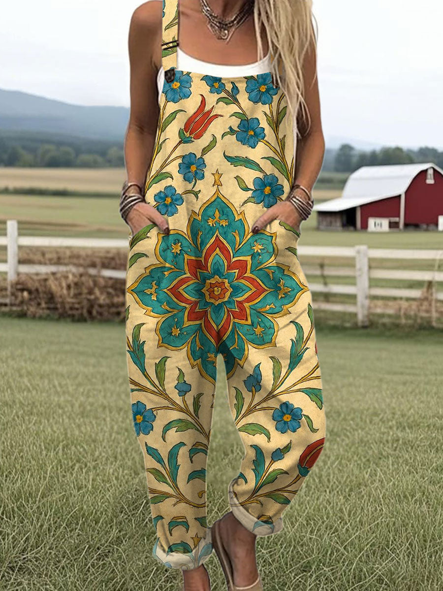 Women's  Vintage Flower Art Print Casual 100% Cotton Wide Leg Jumpsuit