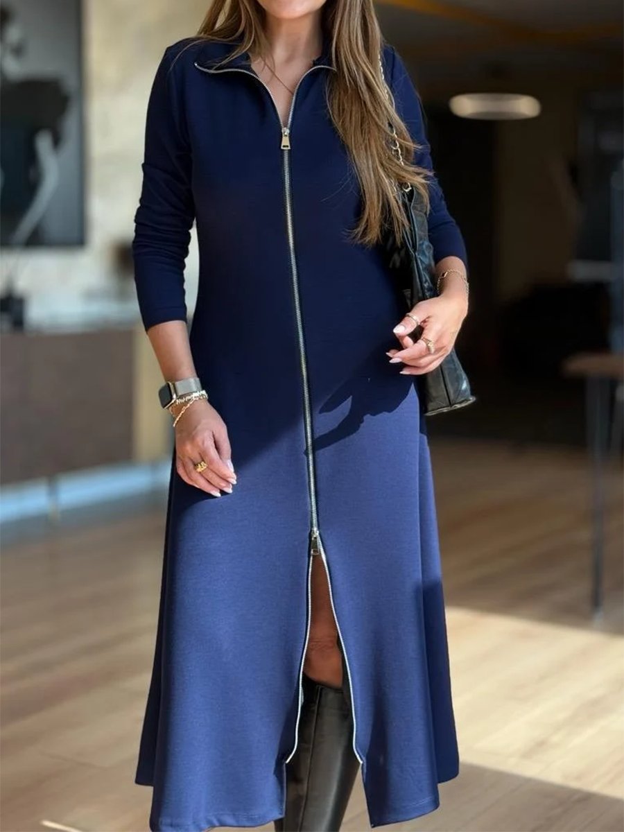 Women's Casual Solid Color Zipper Stretch MIDI Dress