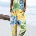 Women's Colourful Art Gradient Flower Print Casual 100% Cotton Wide Leg Jumpsuit