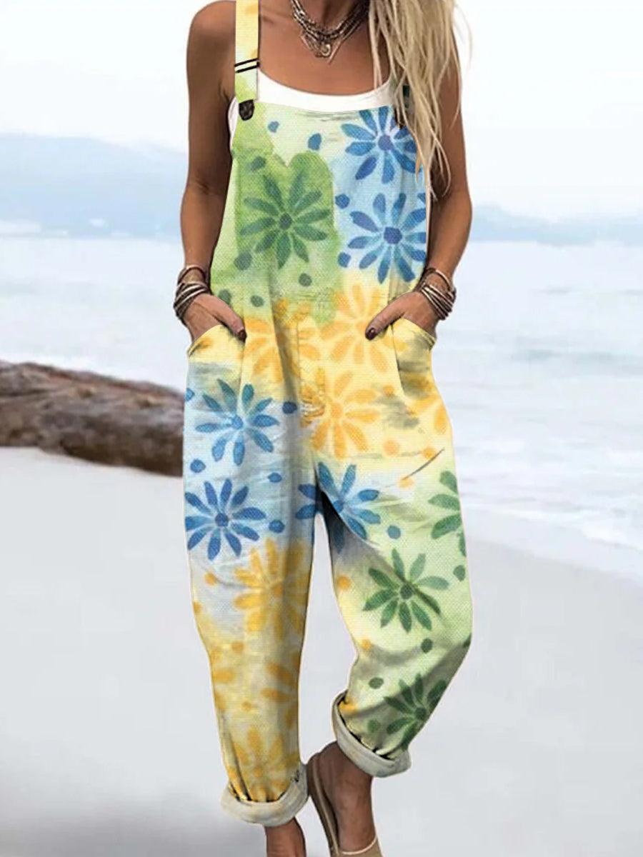 Women's Colourful Art Gradient Flower Print Casual 100% Cotton Wide Leg Jumpsuit