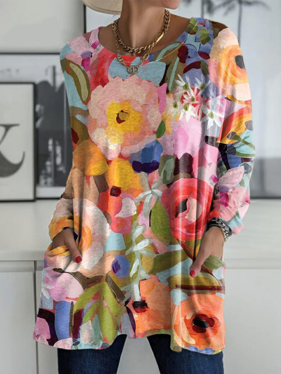 Women's Beautiful Colorful Abstract Floral Painting Art Print Casual Long Sleeve T-shirt