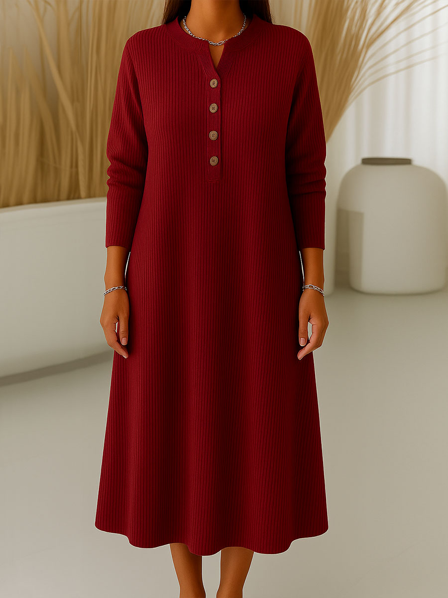 Women's Solid Color V-Neck Long Sleeve Casual Loose A-Line Knitted Dress