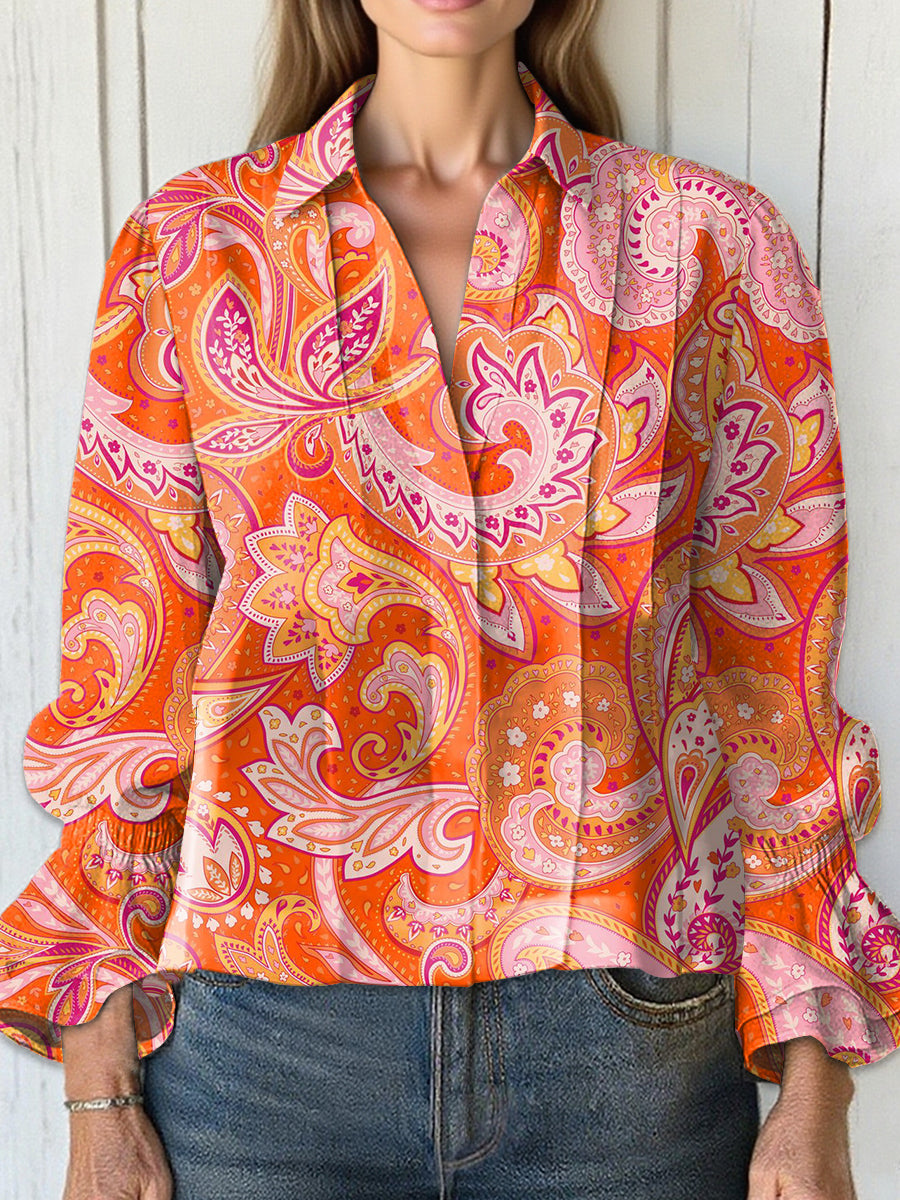 Women's  Vintage Cashew Flower  Art Print Casual  Cotton And Linen Shirt