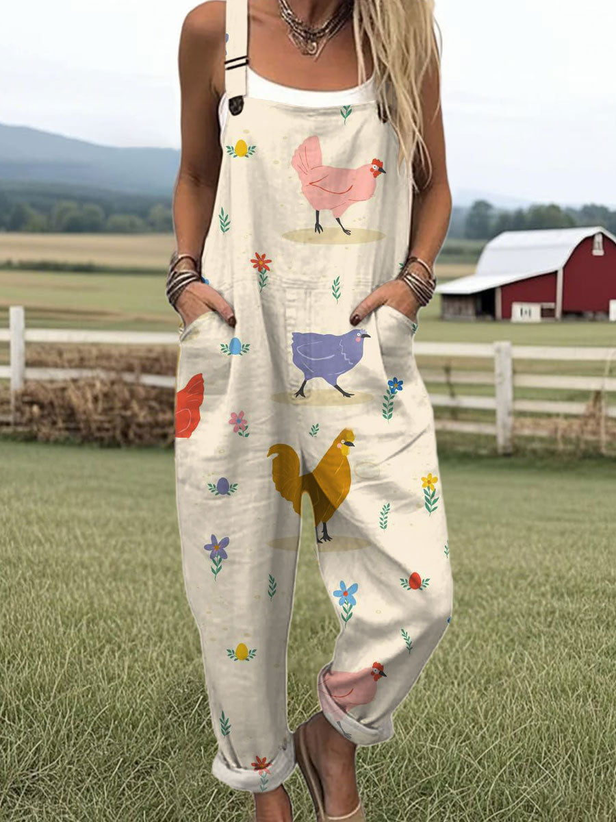 Women's  Vintage Chick Art Print Casual 100% Cotton Wide Leg Jumpsuit