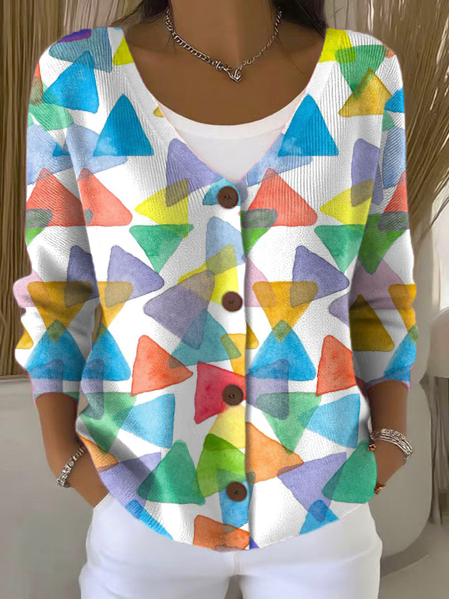Colored Triangles Print Buttoned V-neck Cardigan Sweater