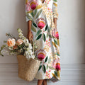 Women's Vintage Flower Art Print Linen Pocket Tunic Dress