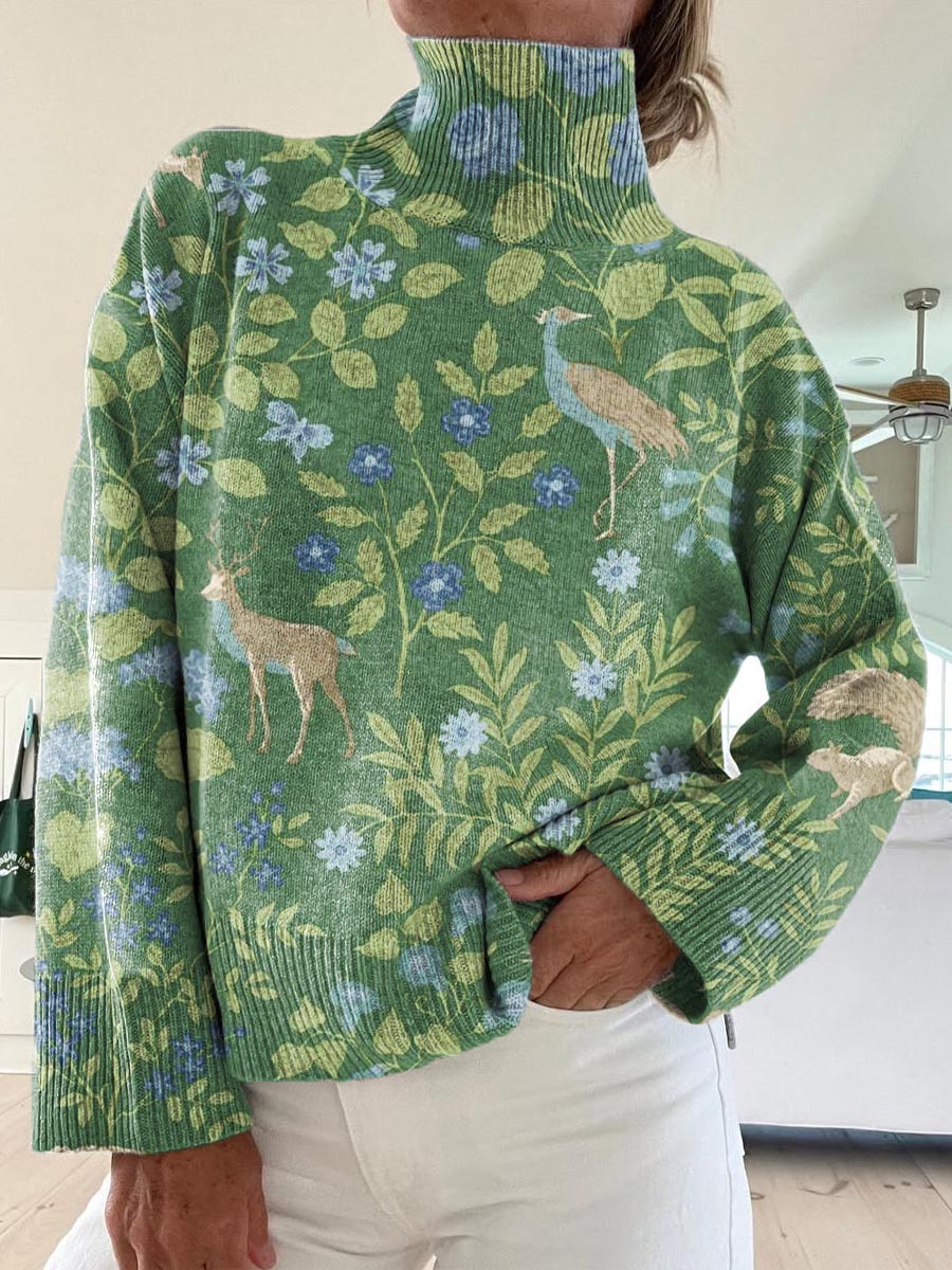 Women's Lovely Woodland Animals Pattern Art Print Knit Turtleneck Pullover Sweater
