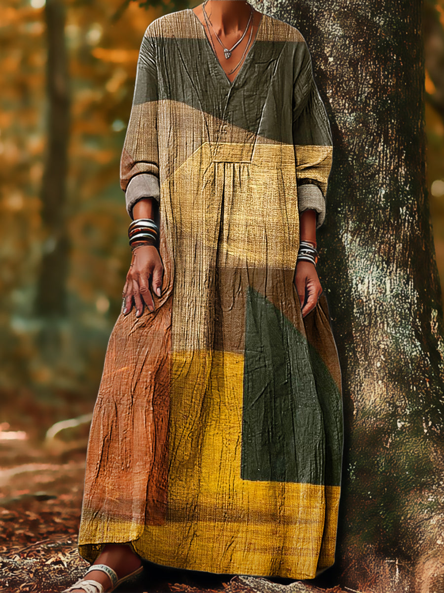 Women's Vintage Abstract Geometric Color Block Painting Art Print Dress