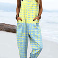 Women's Vintage Abstract Geometric Line Art Print Casual 100% Cotton Wide Leg Jumpsuit