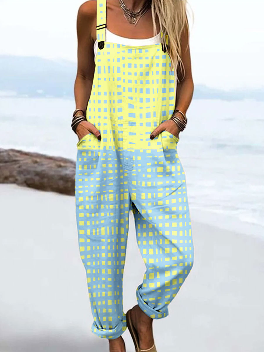 Women's Vintage Abstract Geometric Line Art Print Casual 100% Cotton Wide Leg Jumpsuit