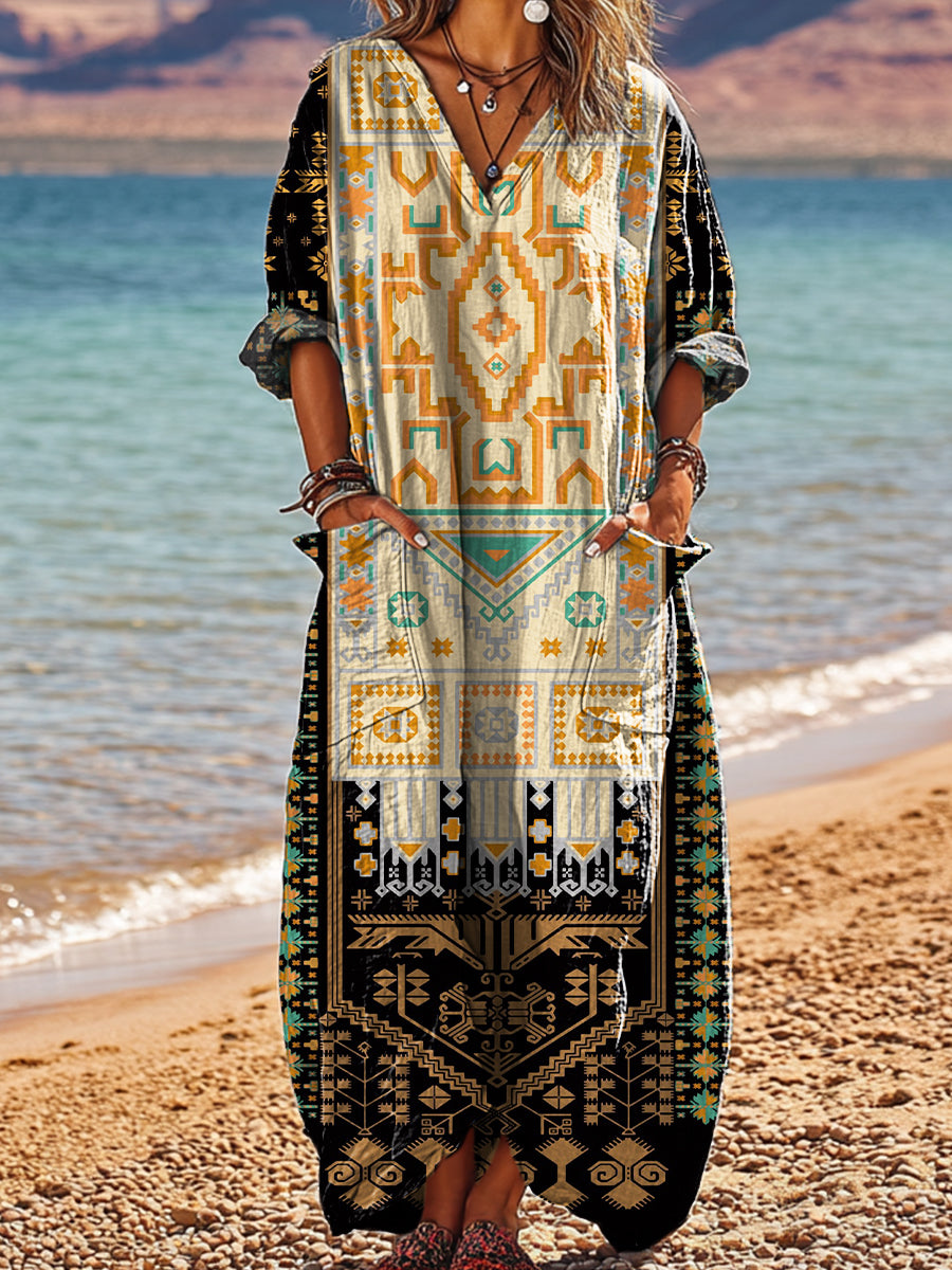Women's Vintage Ethnic Geometric Art Print Pocket V-neck Cotton Dress