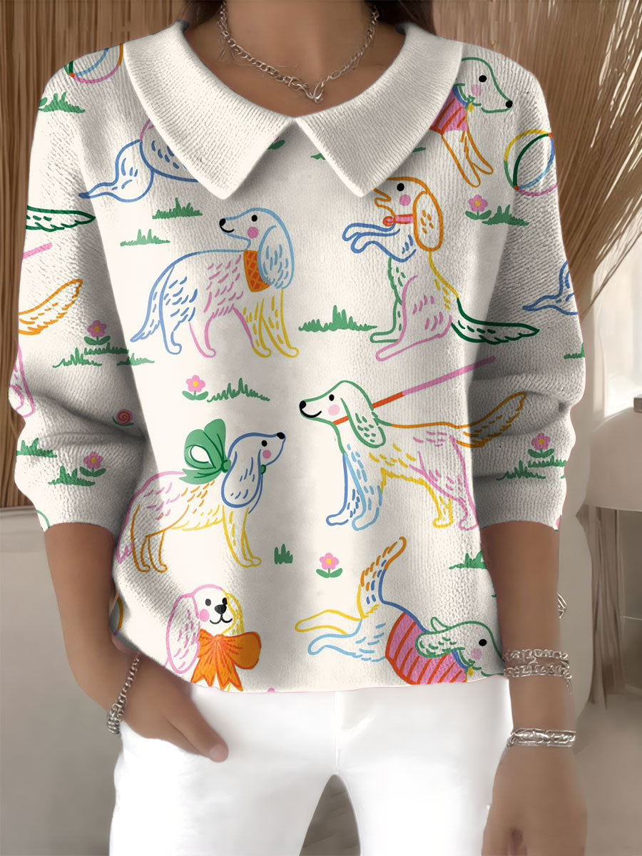 womens-cute-puppy-casual-print-peter-pan-collar-3-4-sleeve-sweater