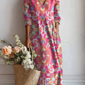 Robe à poches en coton et lin imprimé floral vintage pour femme 