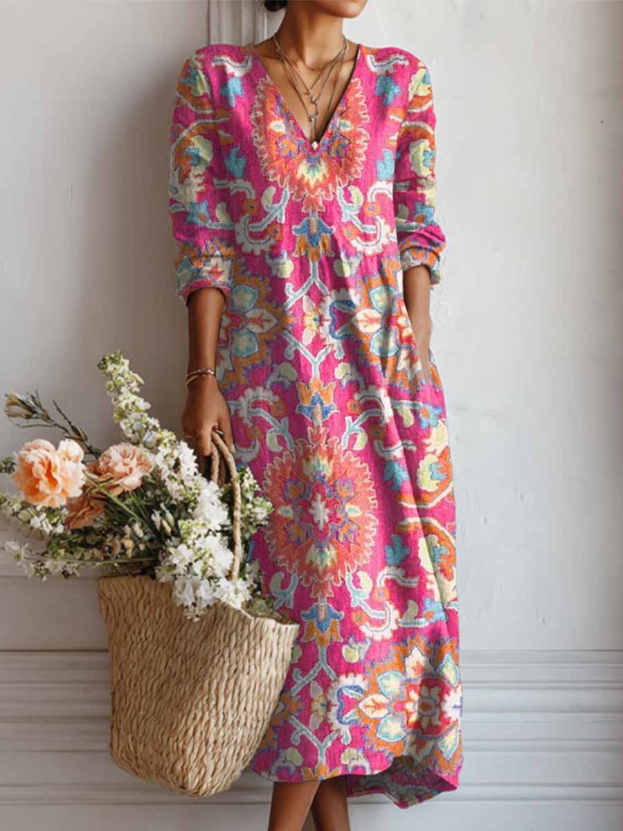 Women's Vintage Floral Pattern Art Print Cotton And Linen Pocket Dress