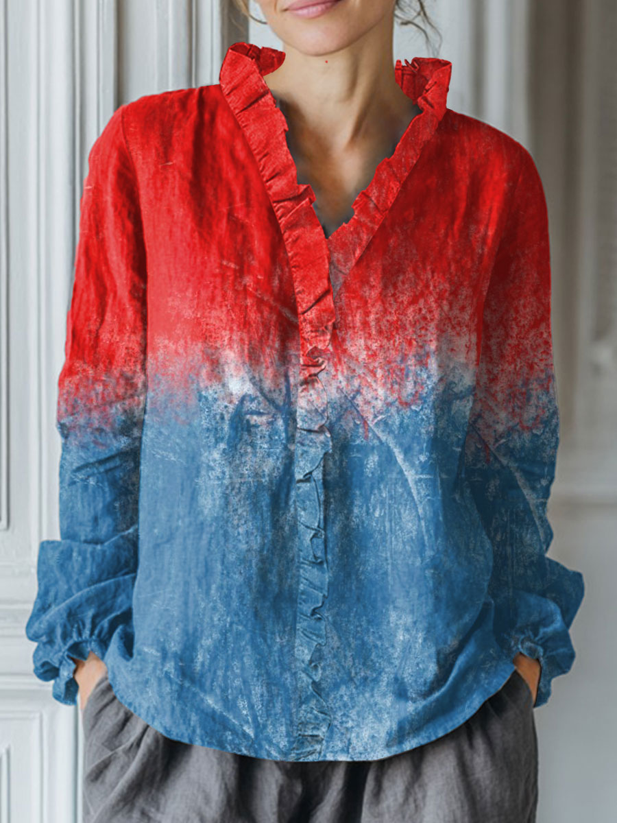 Women's Vintage Gradient Art Print Casual Cotton And Linen Ruffle Shirt