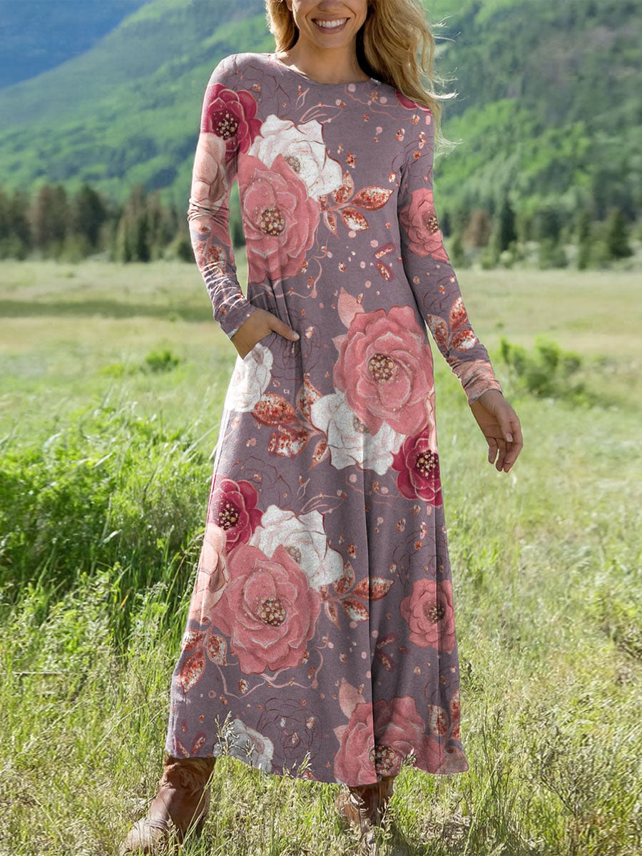 Women's Floral Pattern Art Print Long-sleeved Dress