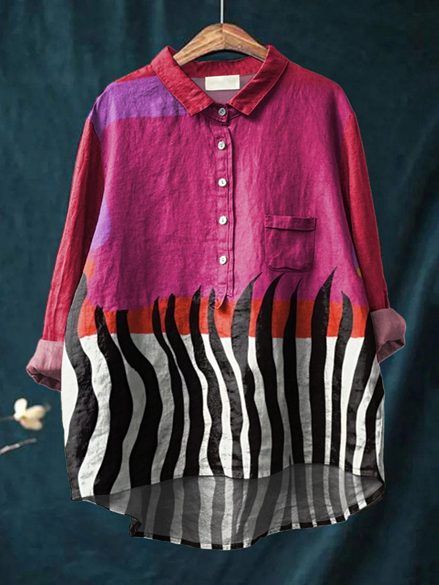 Women's Pink and Purple Abstract Print Art Casual Cotton And Linen Shirt